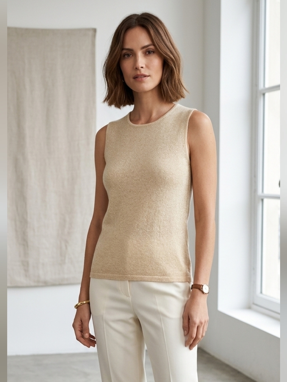 Linda Allard Cashmere beige Gold Shimmer Knit Top sleeveless Quiet Luxury Clean